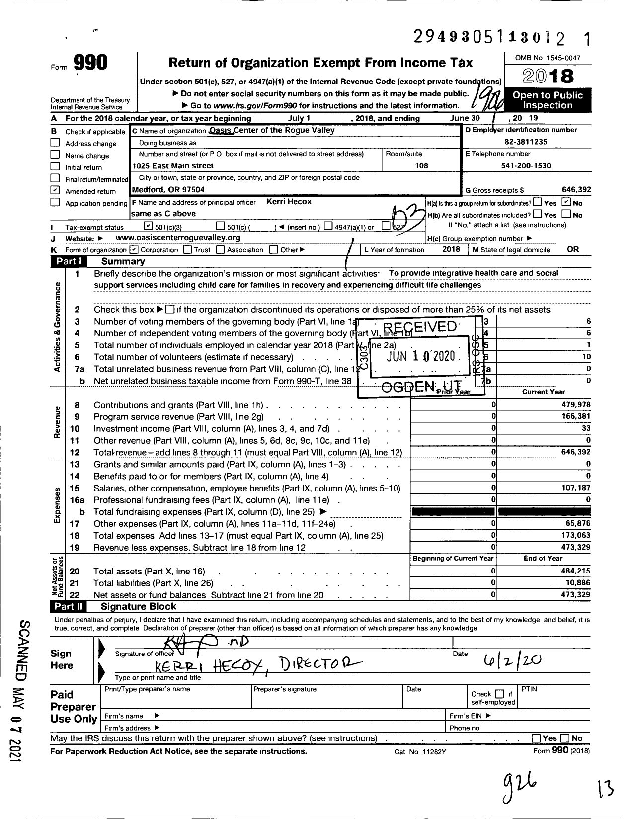 Image of first page of 2018 Form 990 for Oasis Center of the Rogue Valley