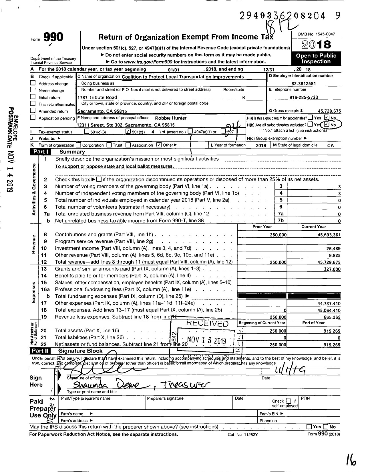 Image of first page of 2018 Form 990O for California for Safe Reliable Infrastructure