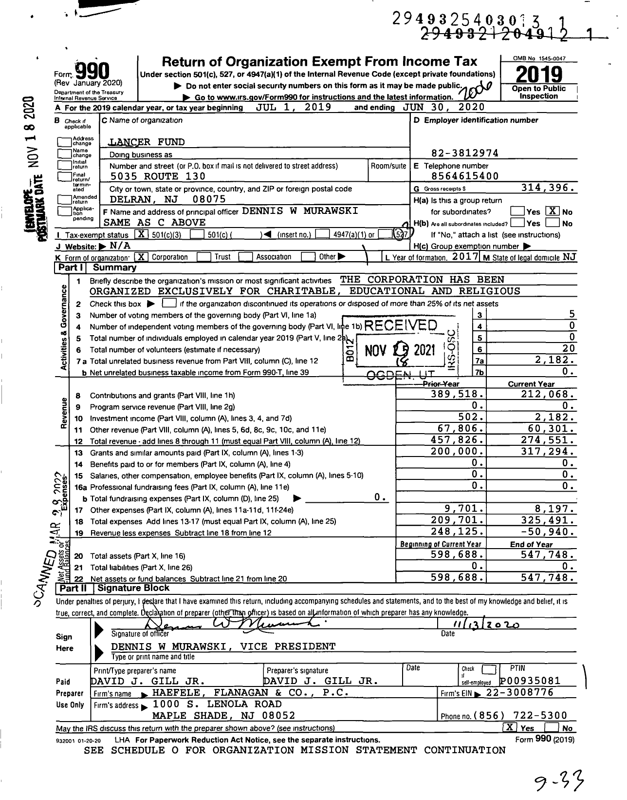 Image of first page of 2019 Form 990 for Lancer Fund