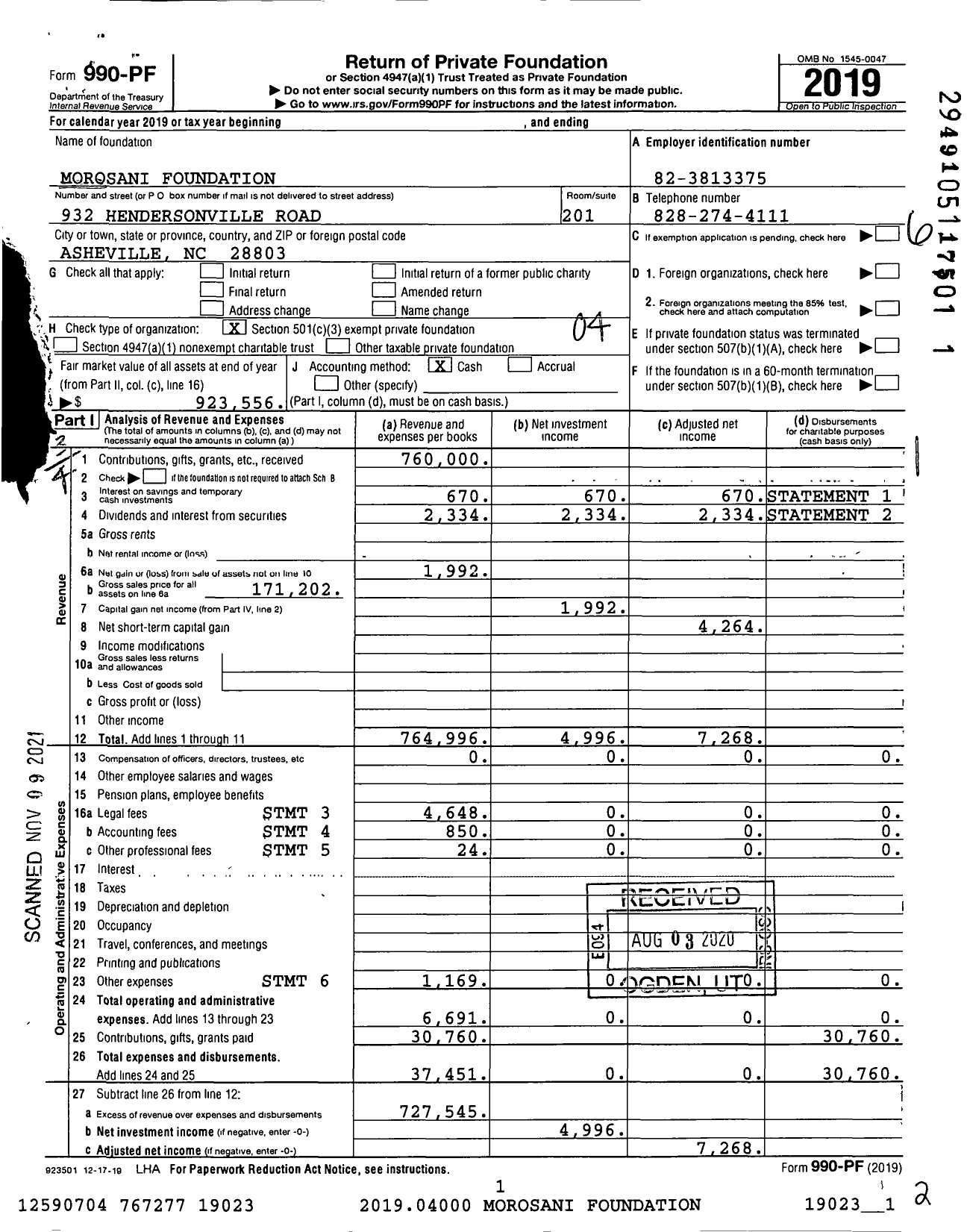 Image of first page of 2019 Form 990PF for Morosani Foundation