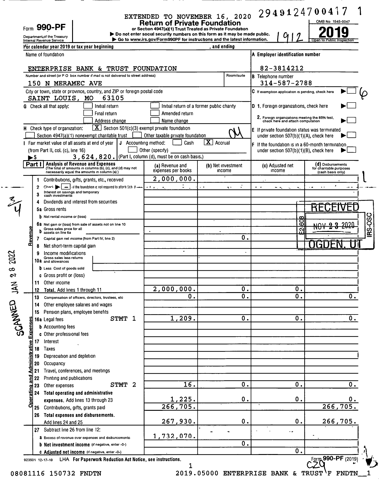 Image of first page of 2019 Form 990PF for Enterprise Bank and Trust Foundation