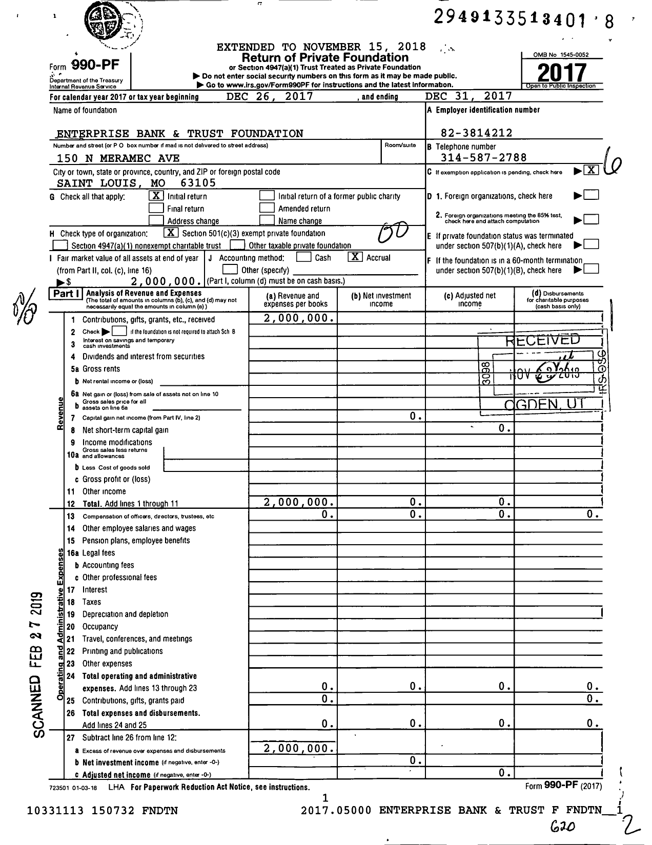 Image of first page of 2017 Form 990PF for Enterprise Bank and Trust Foundation