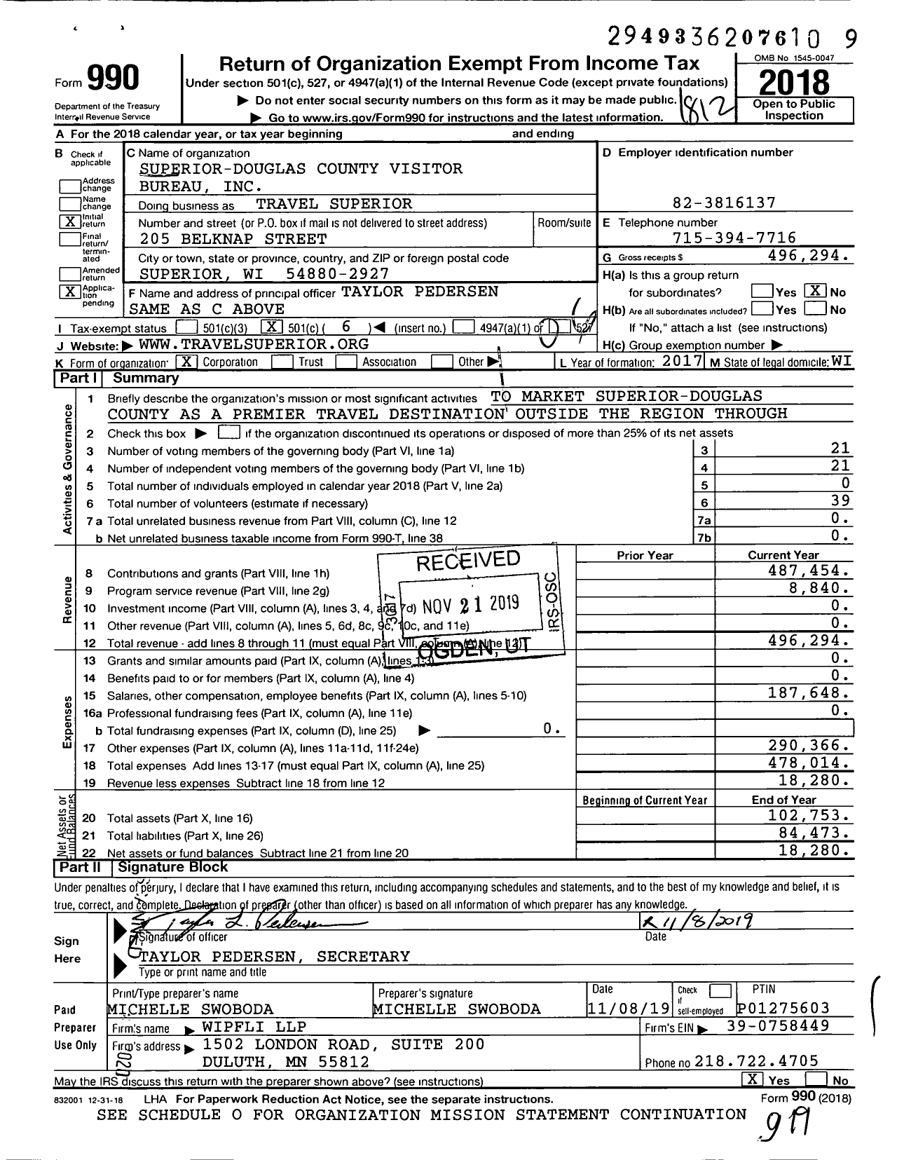 Image of first page of 2018 Form 990O for Travel Superior