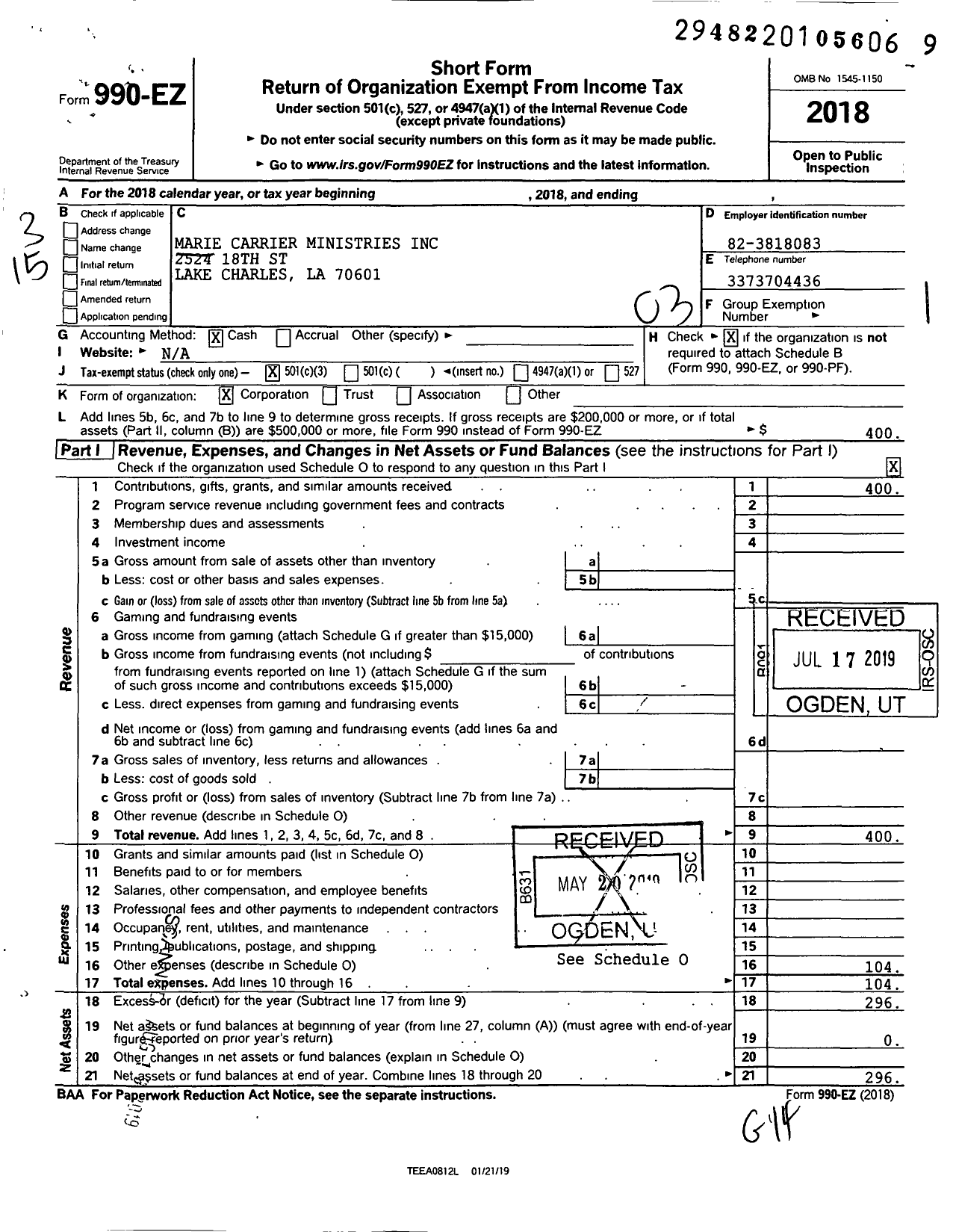 Image of first page of 2018 Form 990EZ for Marie Carrier Ministries