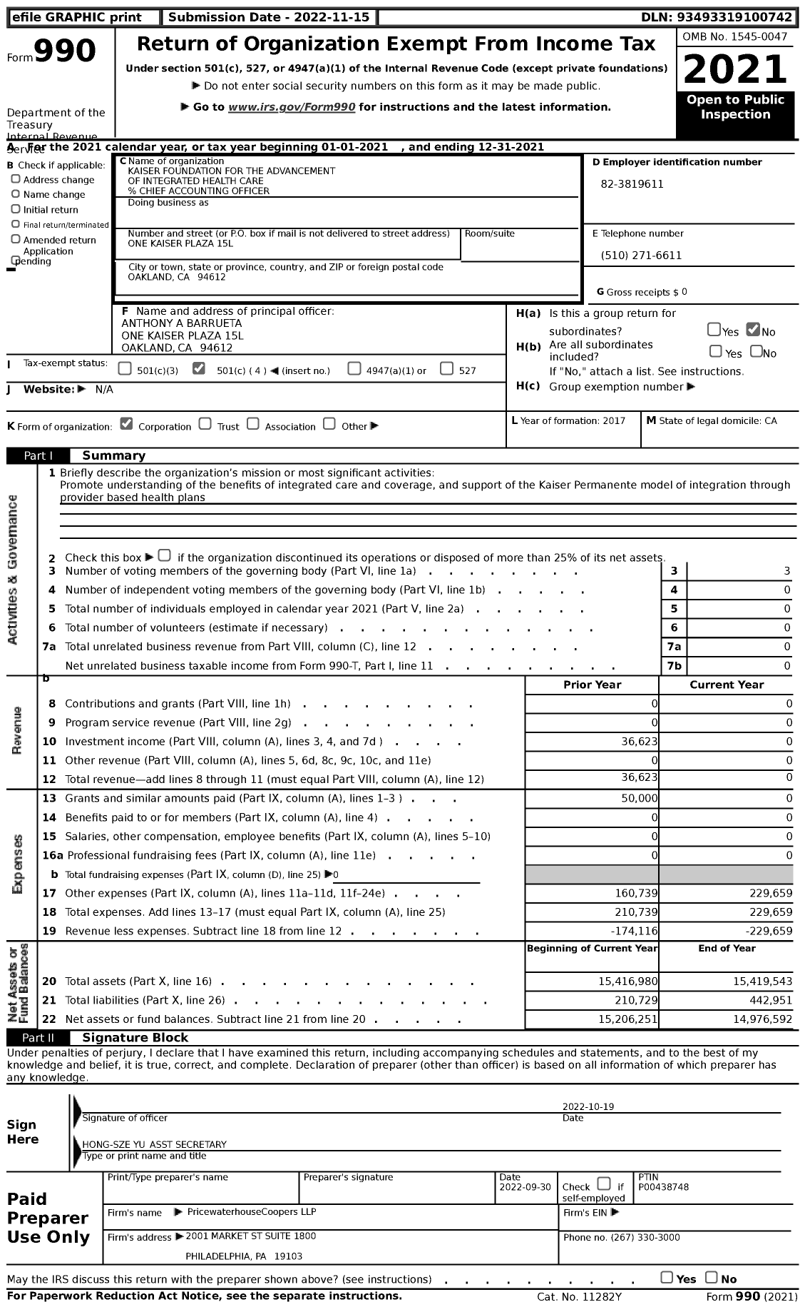 Image of first page of 2021 Form 990 for Kaiser Foundation for the Advancement of Integrated Health Care