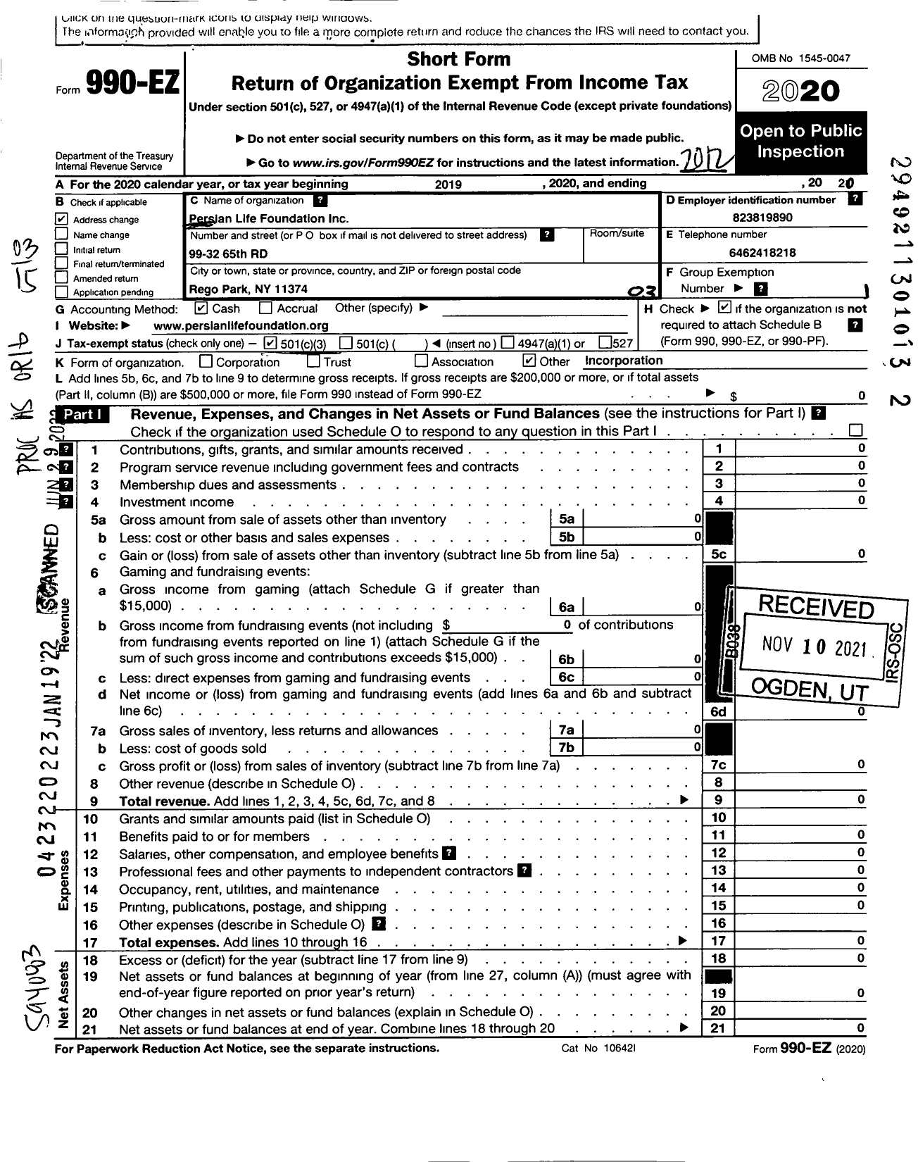 Image of first page of 2020 Form 990EZ for Persian Life Foundation