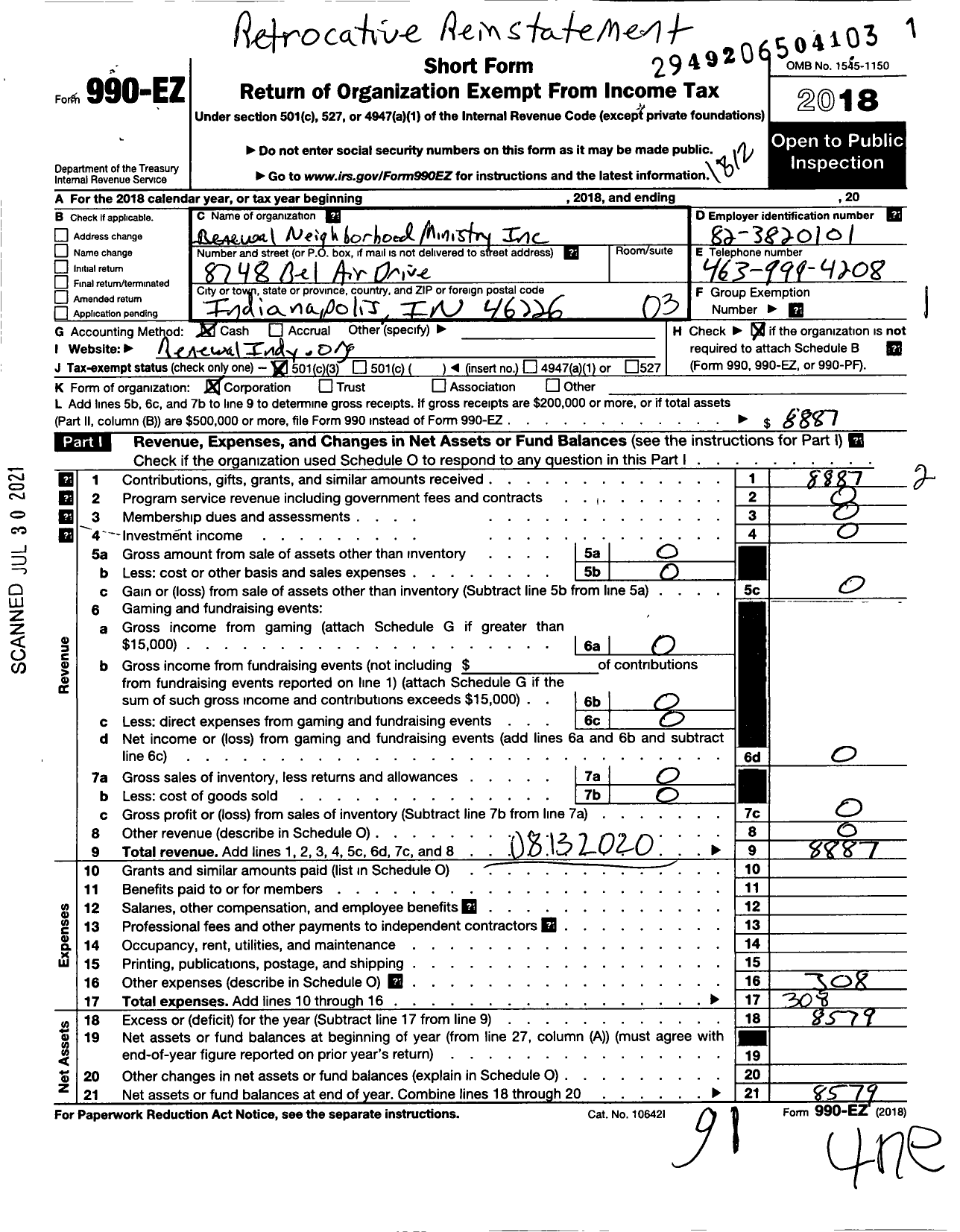 Image of first page of 2018 Form 990EZ for Renewal Neighborhood Ministry