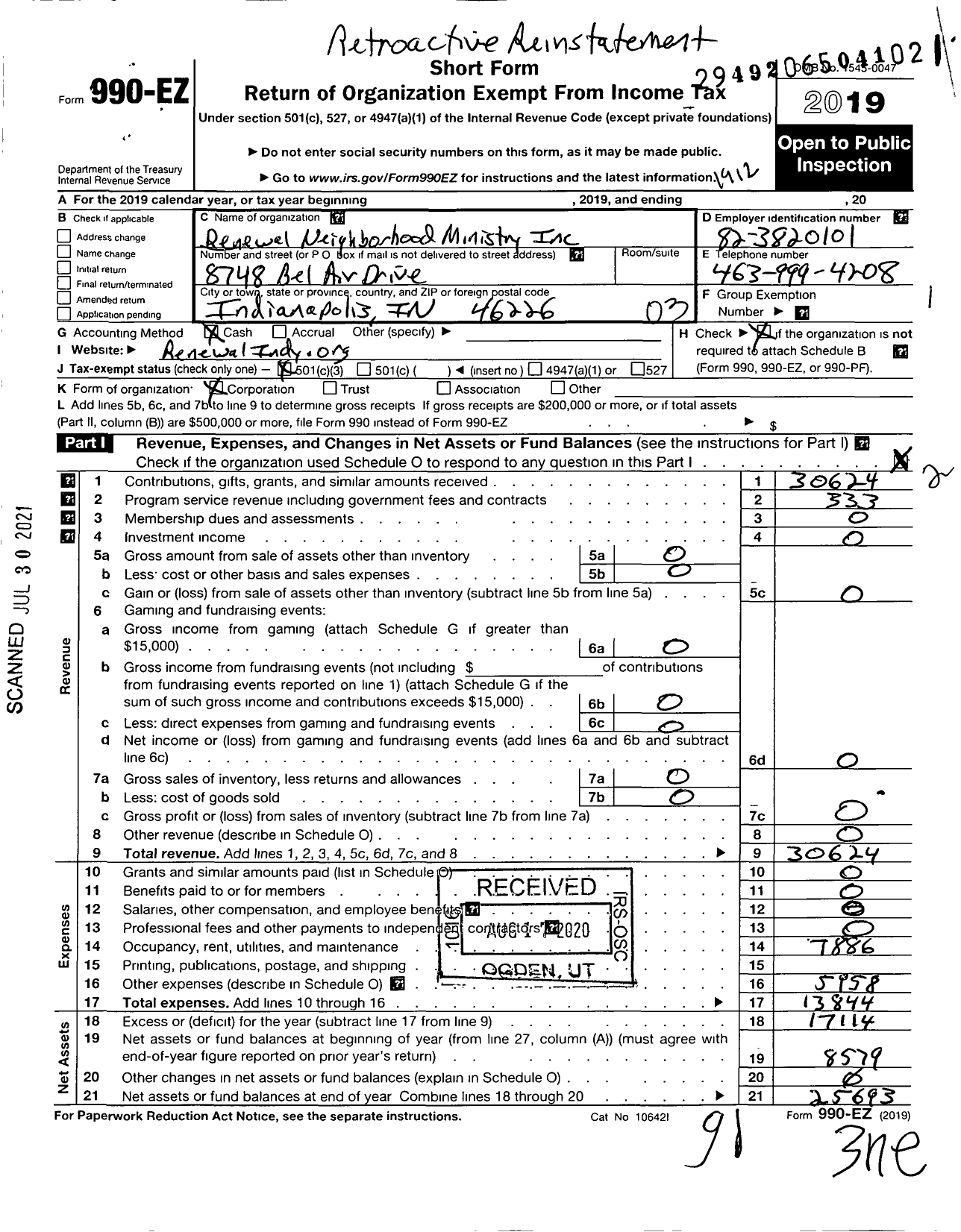 Image of first page of 2019 Form 990EZ for Renewal Neighborhood Ministry