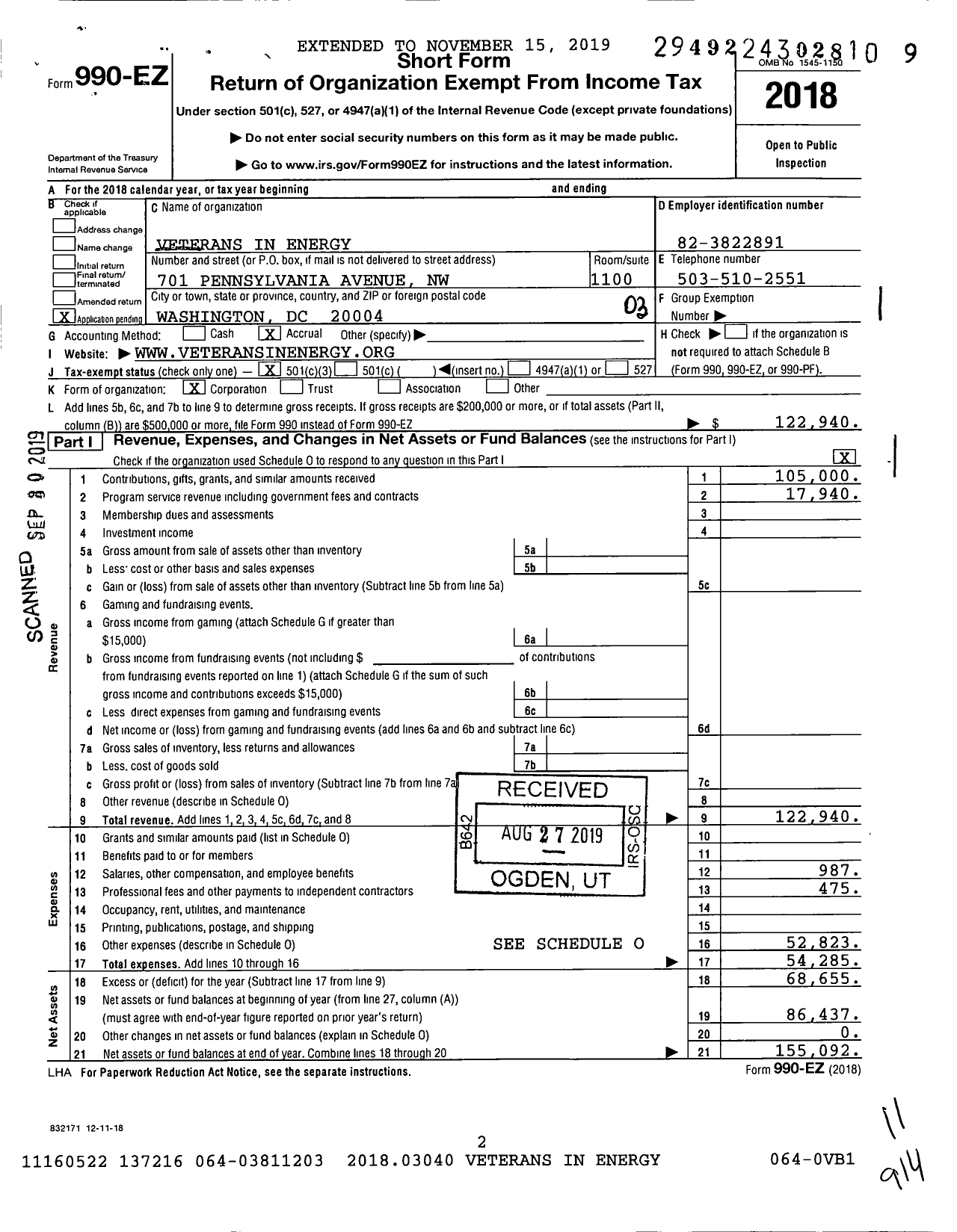 Image of first page of 2018 Form 990EZ for Veterans in Energy