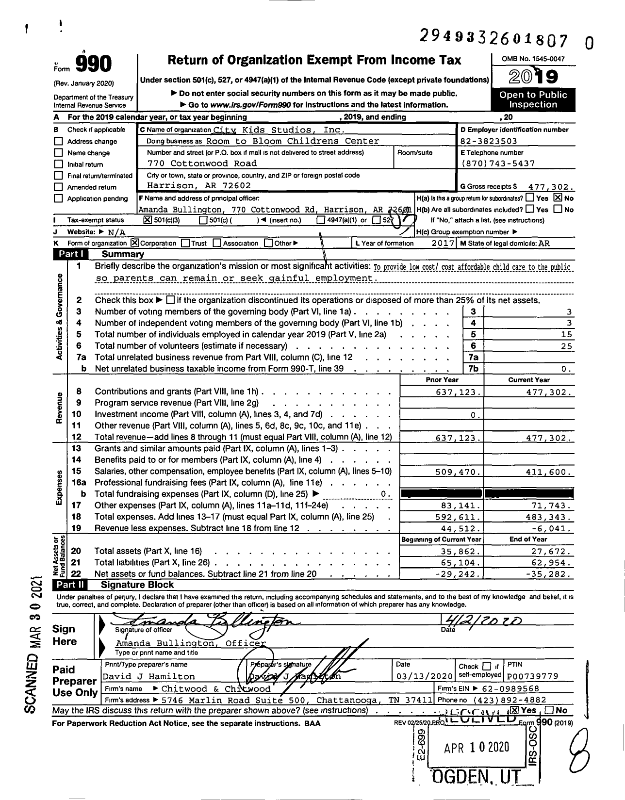 Image of first page of 2019 Form 990 for Room to Bloom Childrens Center