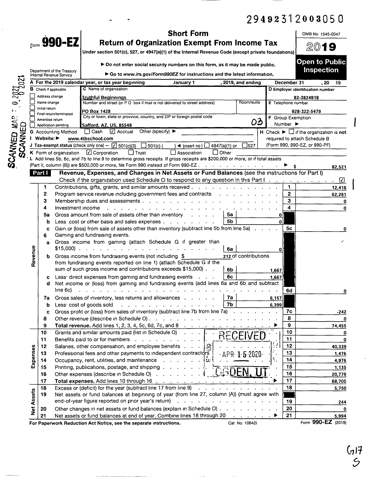 Image of first page of 2019 Form 990EZ for Truthful Beginnings