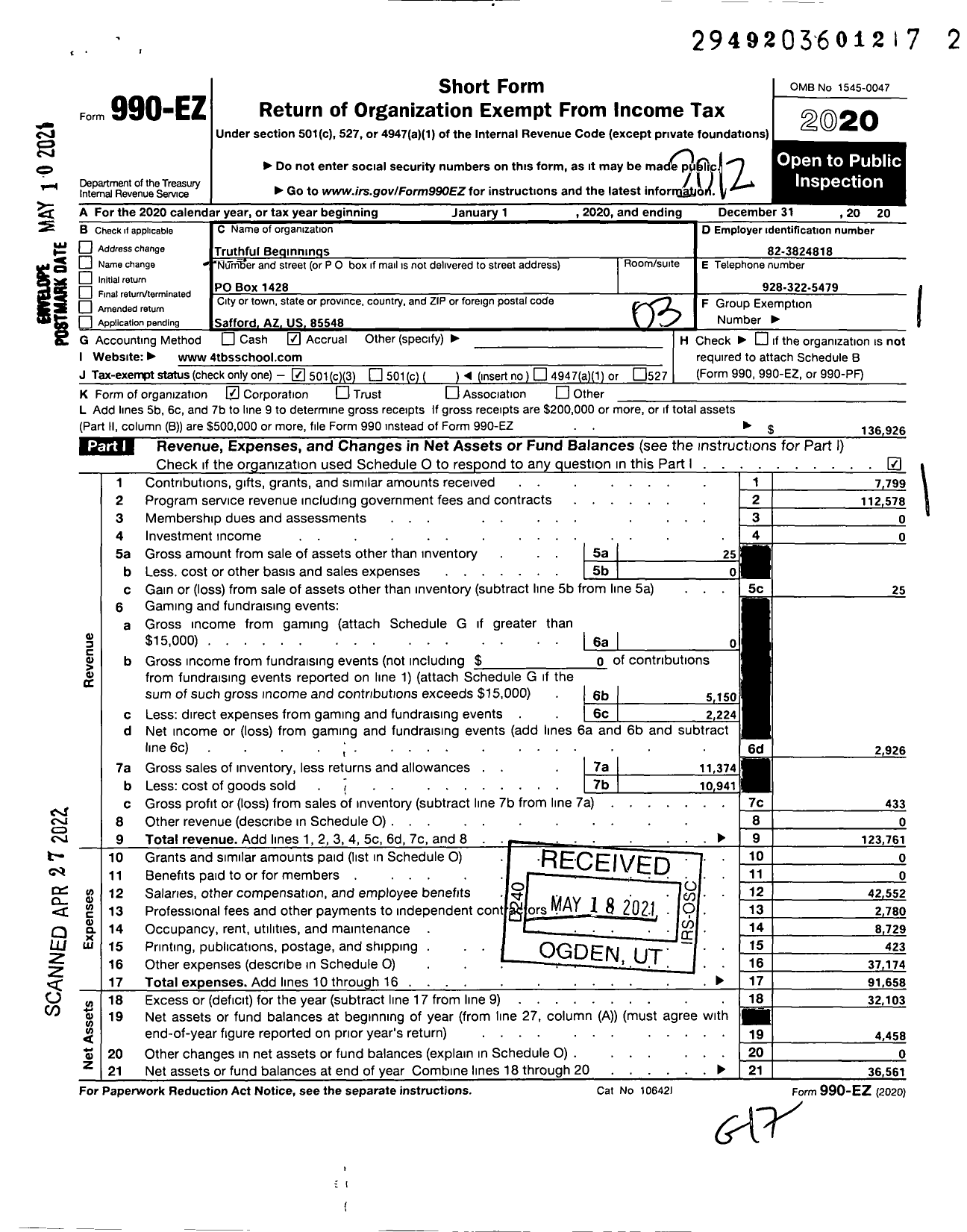Image of first page of 2020 Form 990EZ for Truthful Beginnings