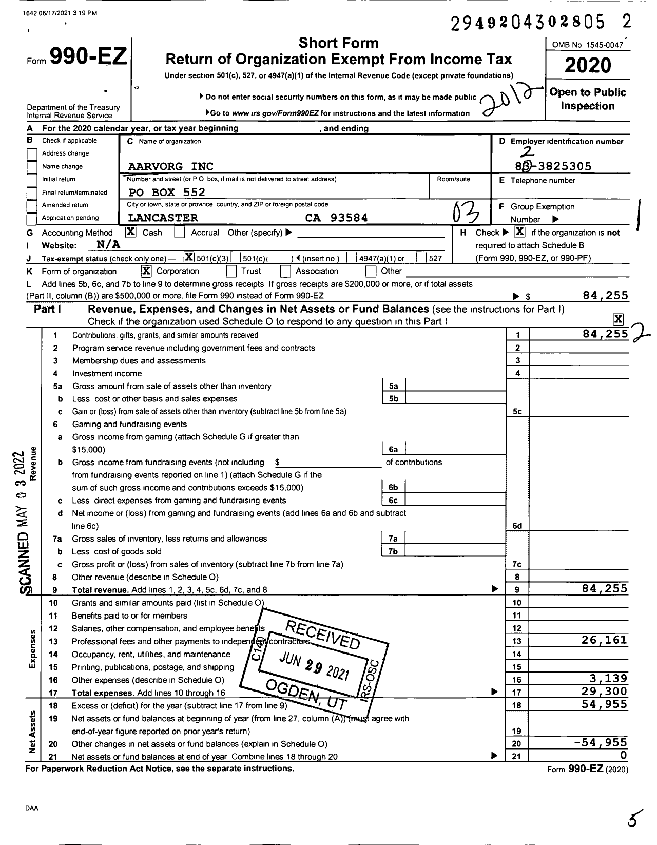 Image of first page of 2020 Form 990EZ for Aarvorg