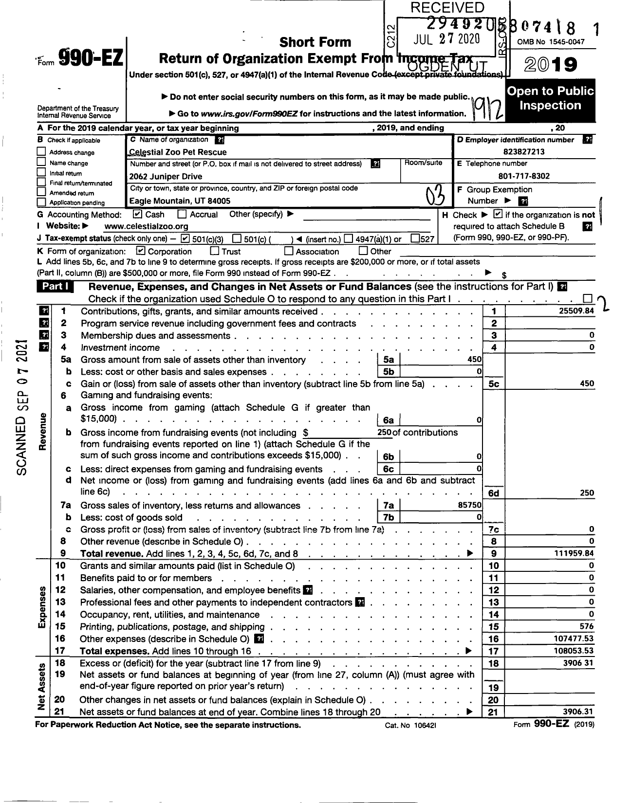 Image of first page of 2019 Form 990EZ for Celestial Zoo Pet Rescue