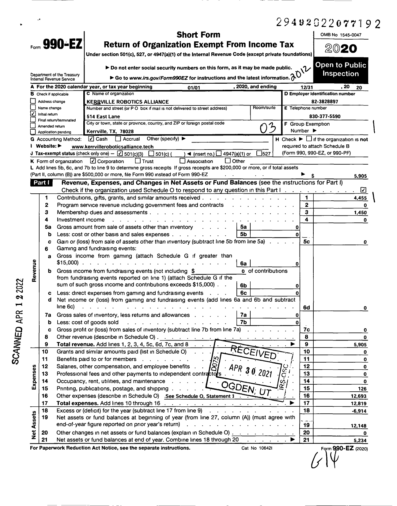 Image of first page of 2020 Form 990EZ for Kerrville Robotics Alliance