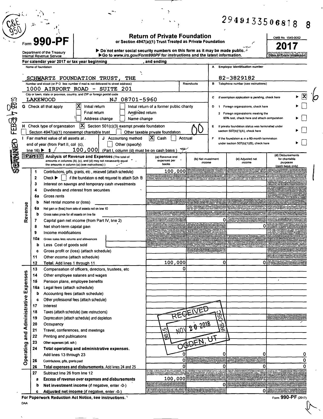 Image of first page of 2017 Form 990PF for Schwartz Foundation Trust the