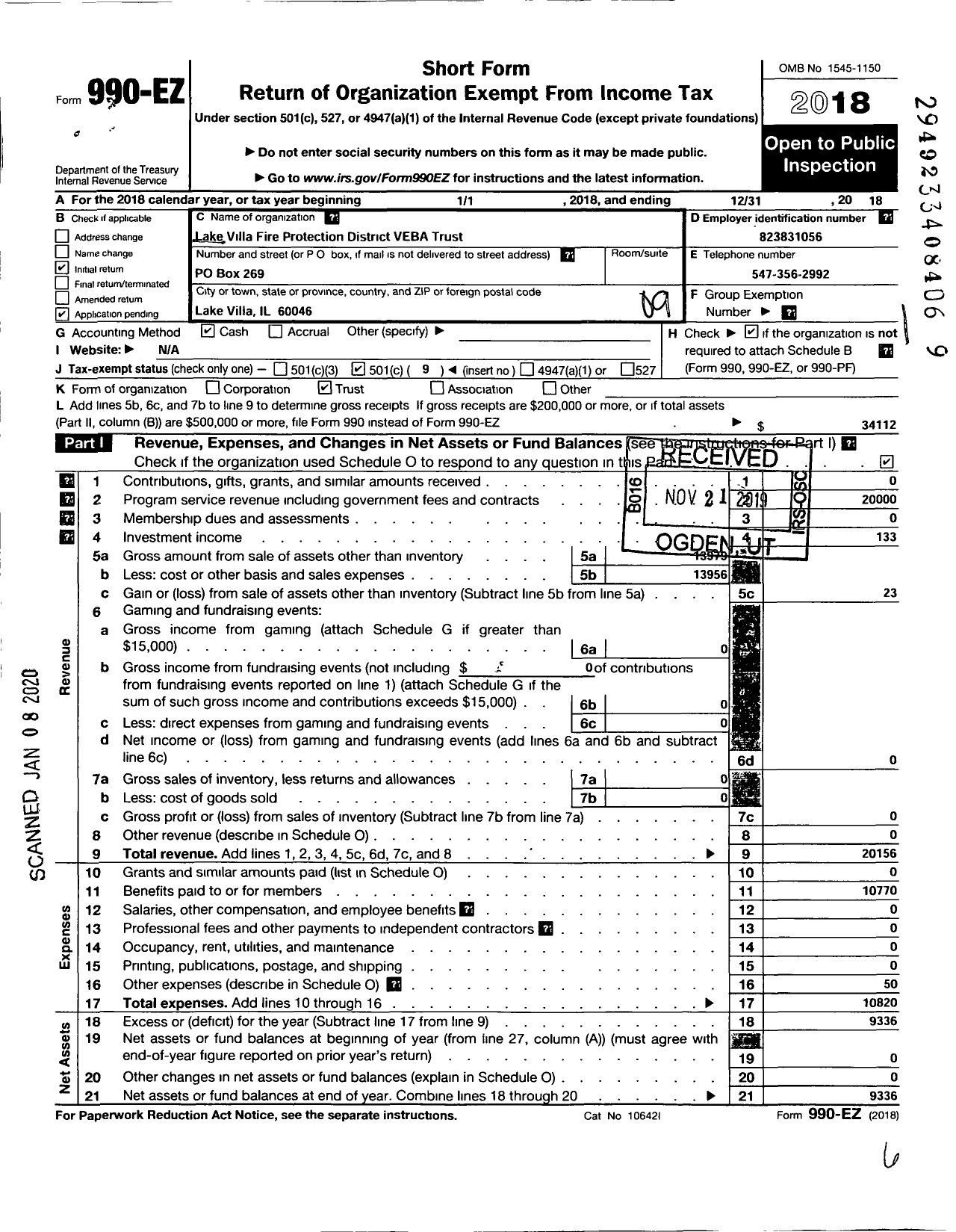 Image of first page of 2018 Form 990EO for Lake VILLA FIRE Protection DISTRICT VEBA Plan