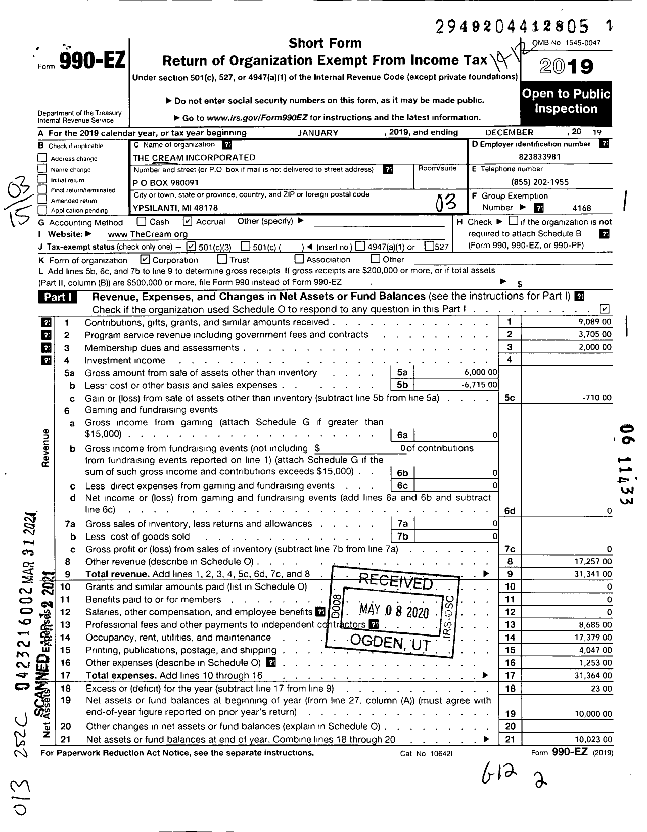 Image of first page of 2019 Form 990EZ for The Cream Incorporated