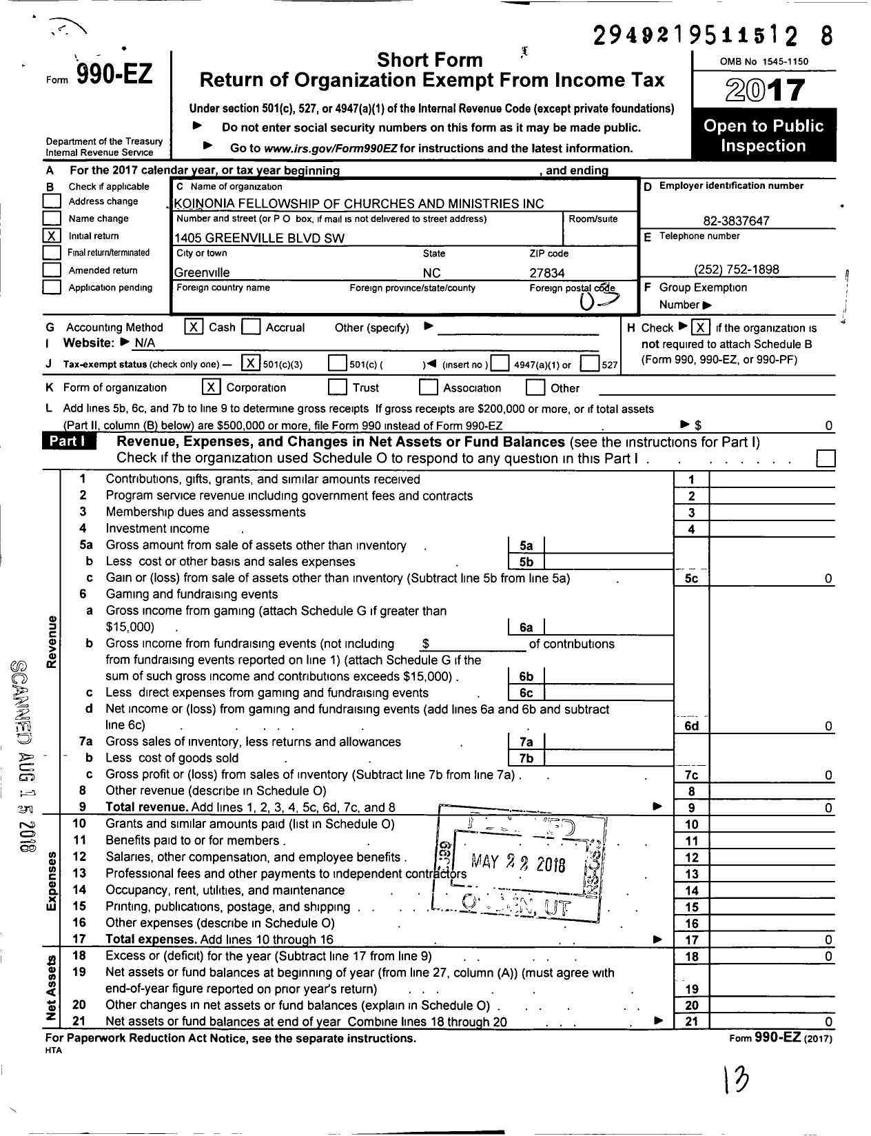 Image of first page of 2017 Form 990EZ for Koinonia Fellowship of Churches and Ministries