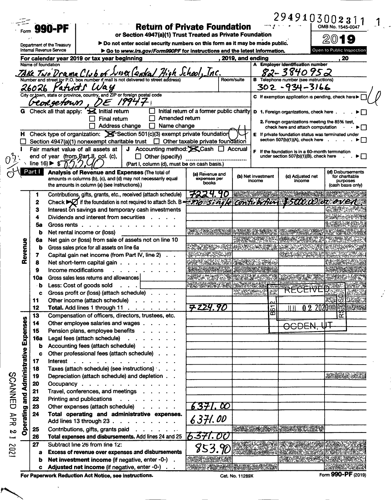 Image of first page of 2019 Form 990PF for Take Two Drama Club of Sussex Central High School