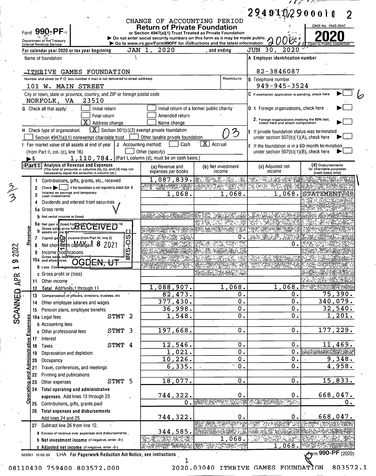 Image of first page of 2019 Form 990PF for Ithrive Games Foundation