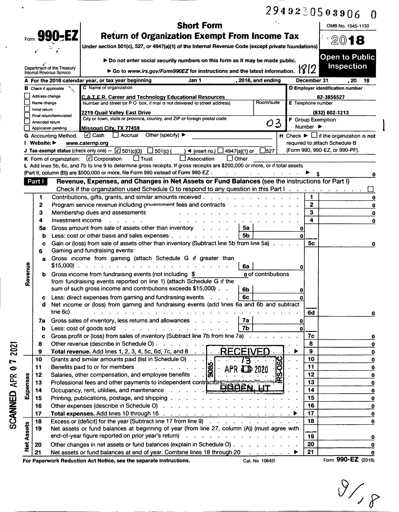 Image of first page of 2018 Form 990EZ for C A T E R Career and Technology Educational Resources