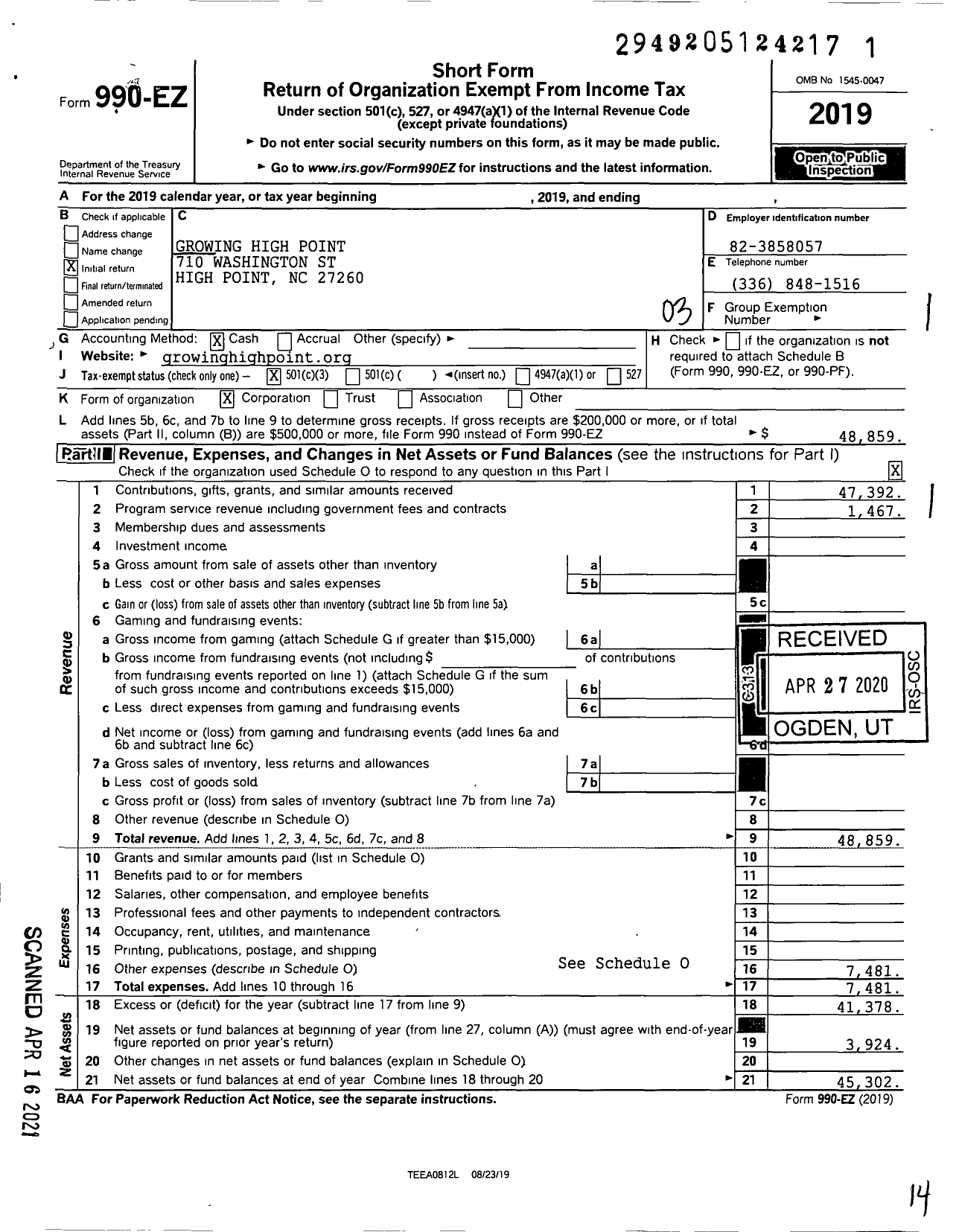 Image of first page of 2019 Form 990EZ for Growing High Point