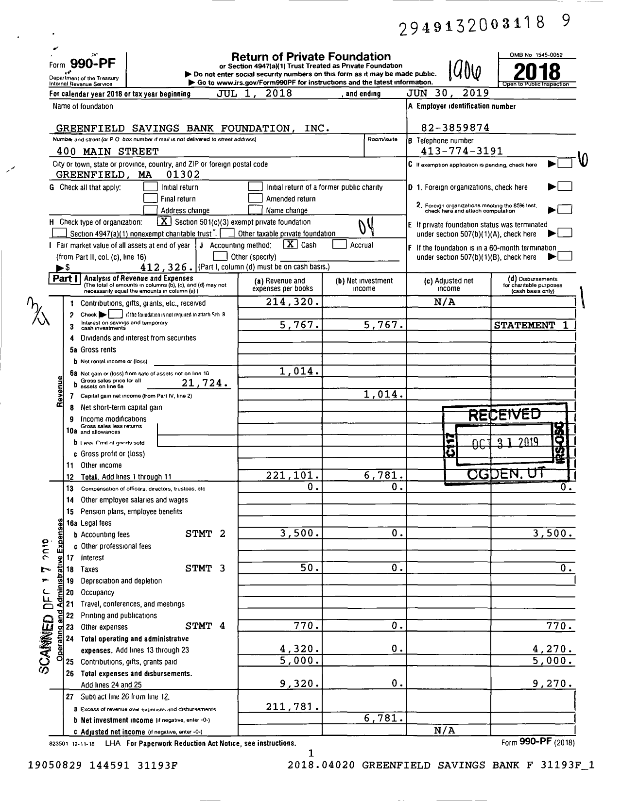 Image of first page of 2018 Form 990PF for Greenfield Savings Bank Foundation