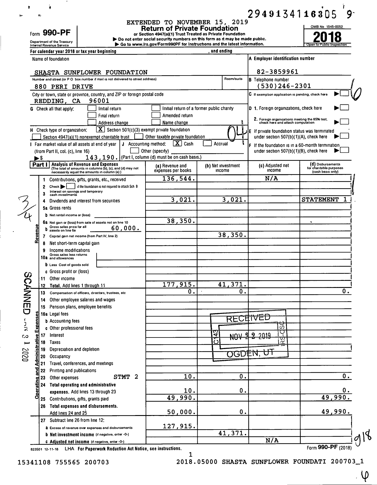 Image of first page of 2018 Form 990PF for Shasta Sunflower Foundation