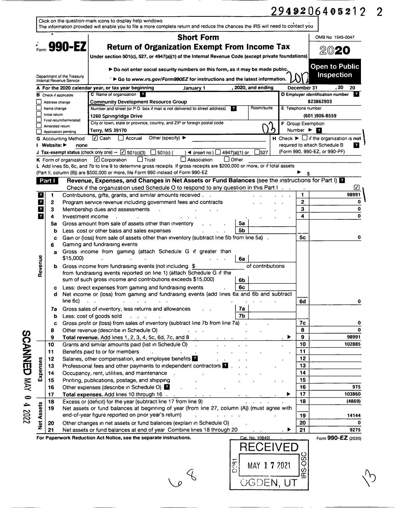 Image of first page of 2020 Form 990EZ for Community Development Resource Group