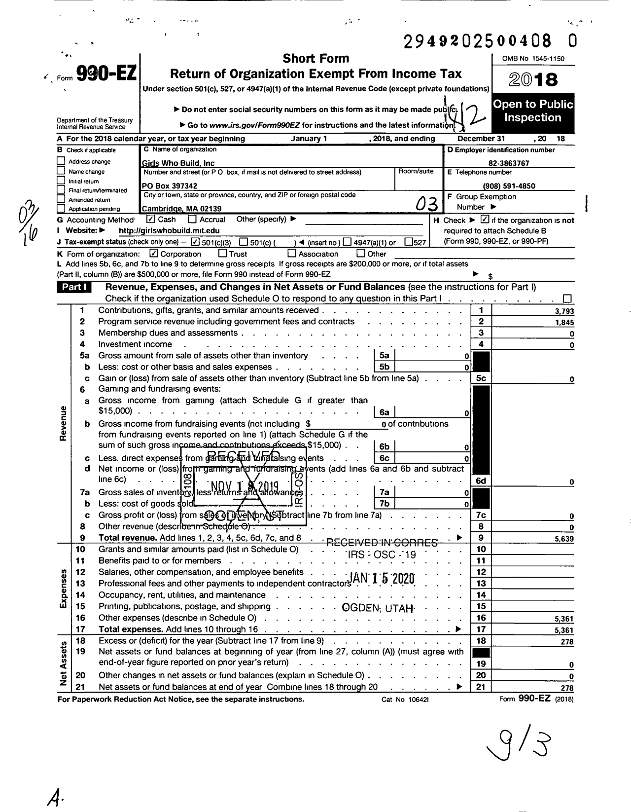 Image of first page of 2018 Form 990EZ for Girls Who Build