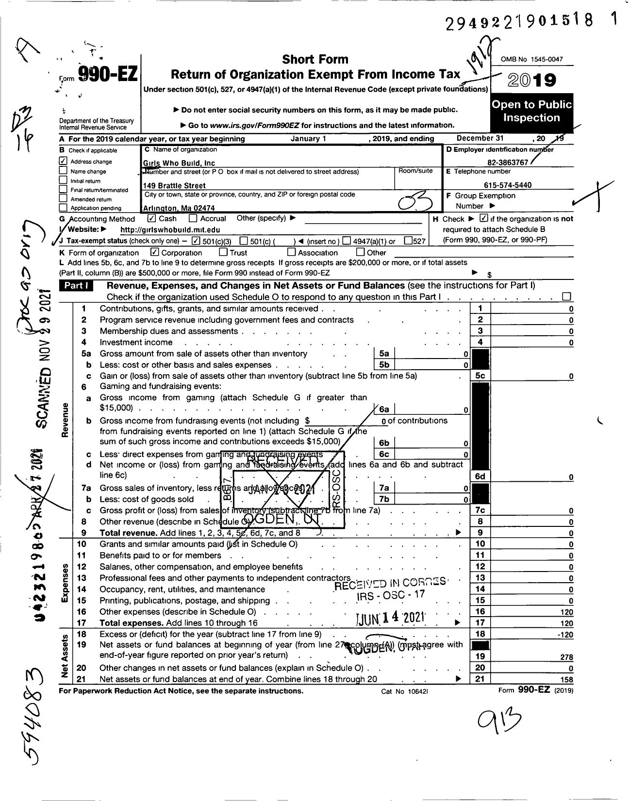 Image of first page of 2019 Form 990EZ for Girls Who Build