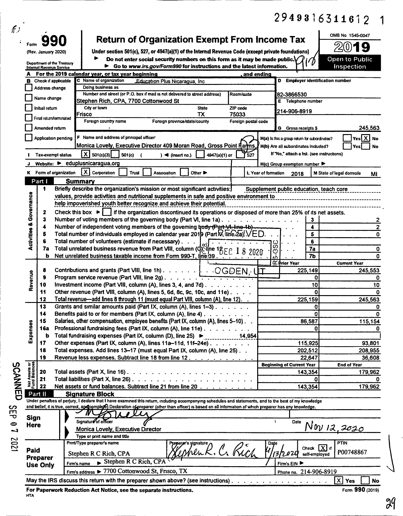 Image of first page of 2019 Form 990 for Education Plus Nicaragua