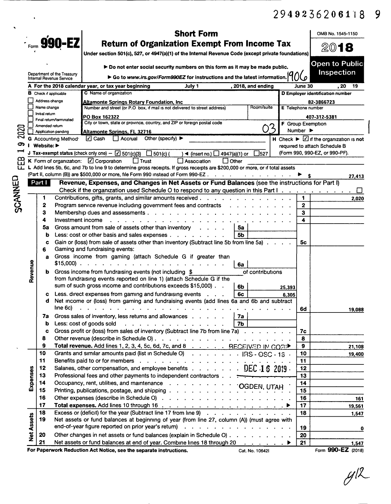 Image of first page of 2018 Form 990EZ for Altamonte Springs Rotary Foundation