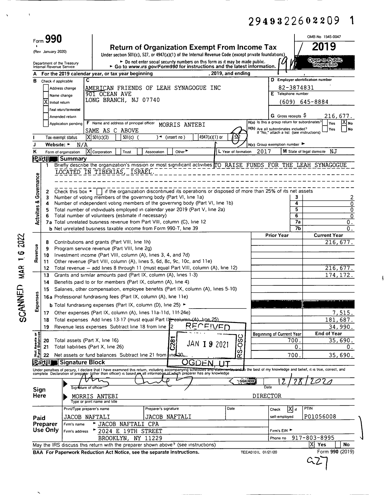 Image of first page of 2019 Form 990 for American Friends of Leah Synagogue