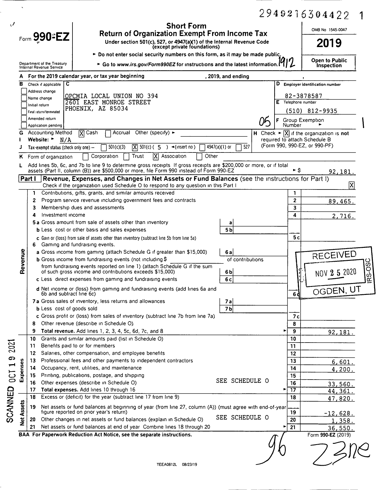 Image of first page of 2019 Form 990EO for Operative Plasterers and Cement Masons Local Union 394