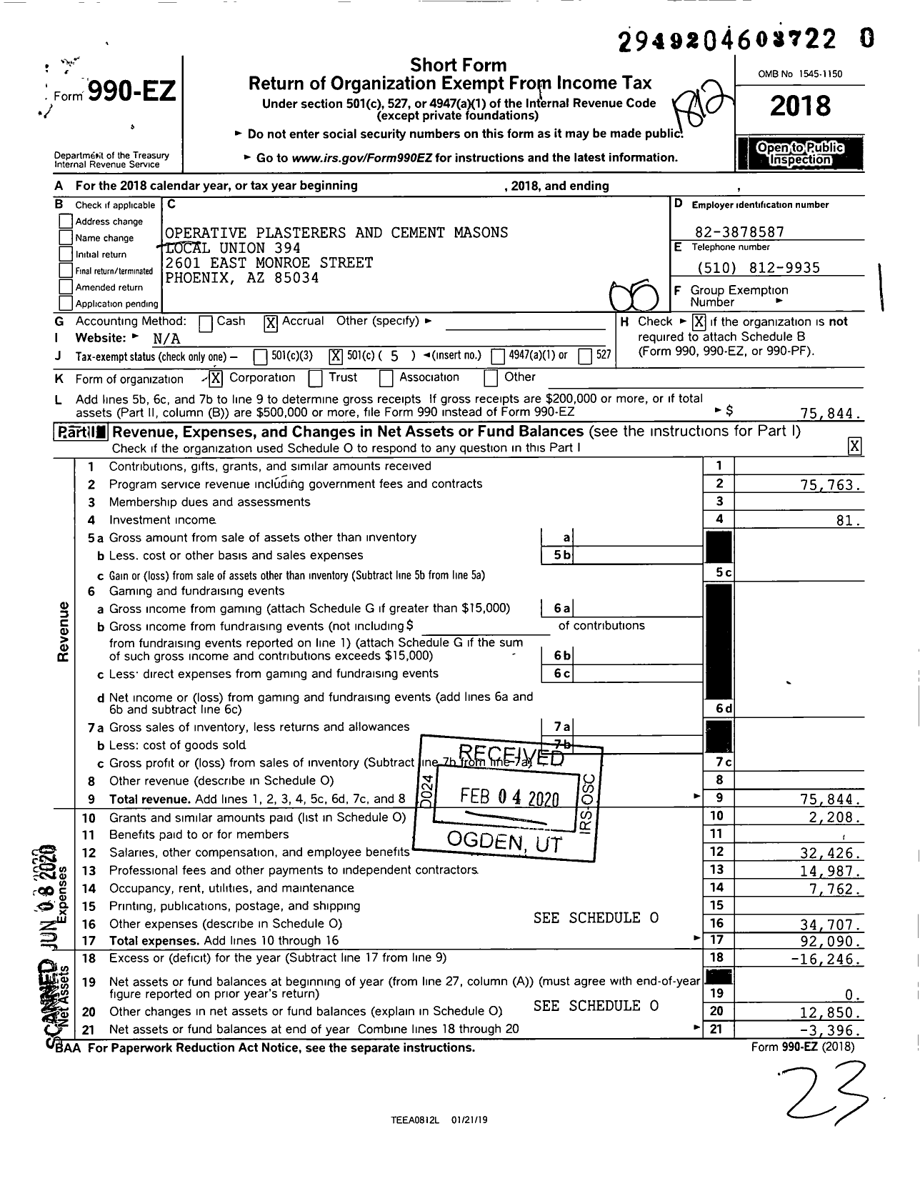 Image of first page of 2018 Form 990EO for Operative Plasterers and Cement Masons Local Union 394