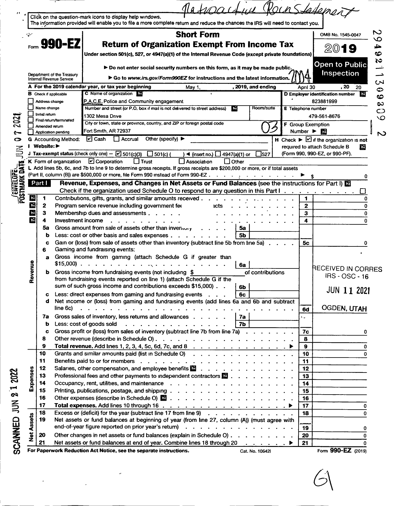 Image of first page of 2019 Form 990EZ for Pace Police and Community Engagement