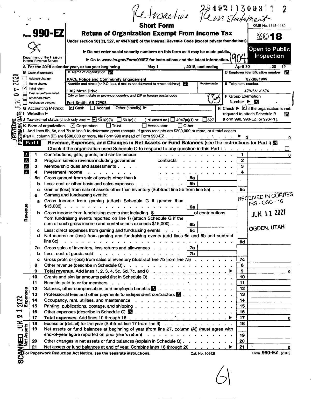 Image of first page of 2018 Form 990EZ for Pace Police and Community Engagement