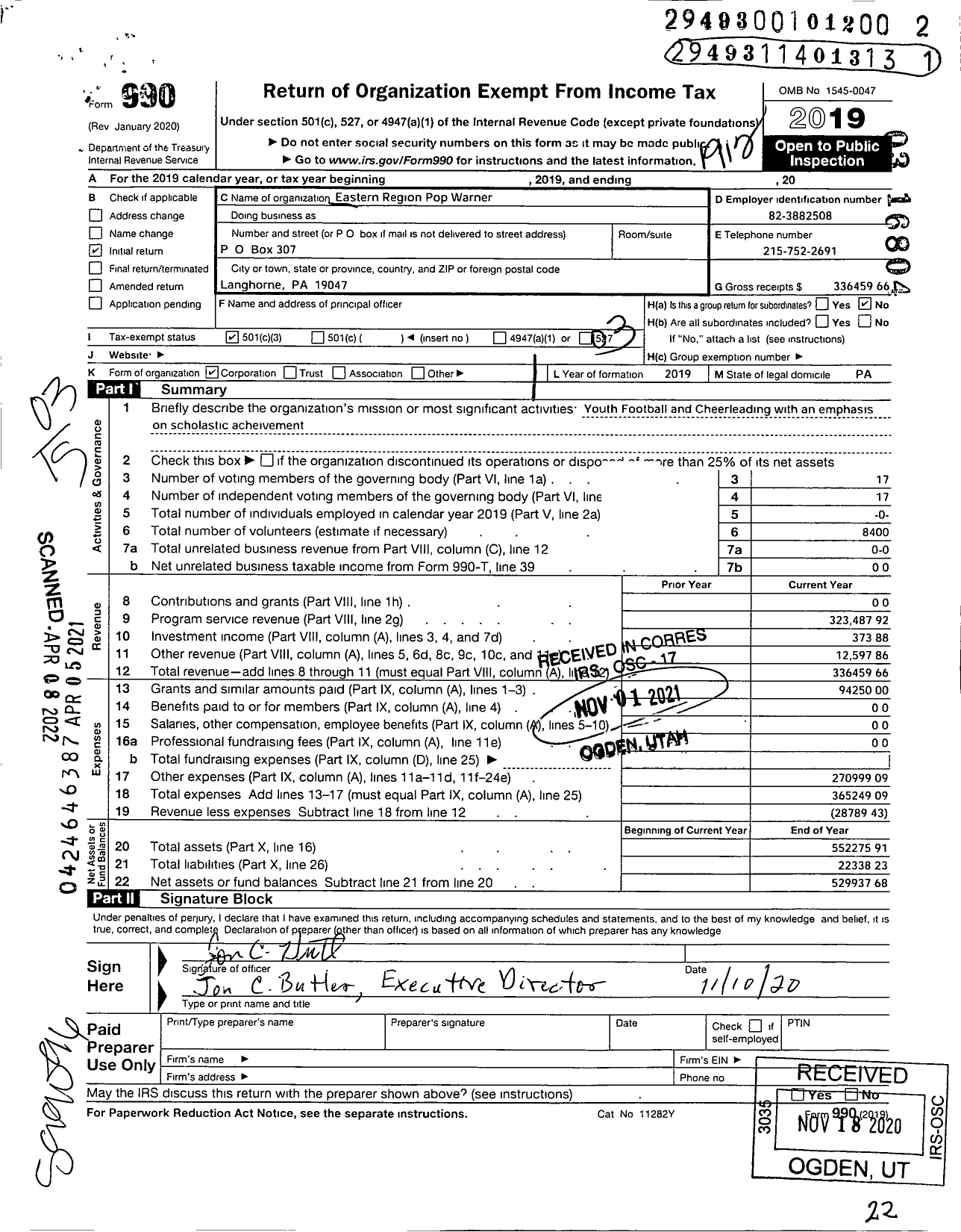 Image of first page of 2019 Form 990 for Eastern Region Pop Warner