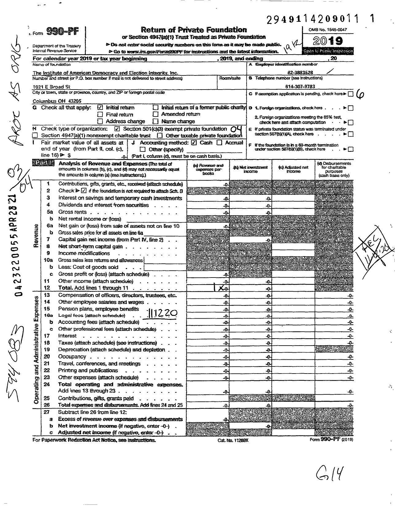 Image of first page of 2019 Form 990PF for Institute of American Democracy & Election Integri