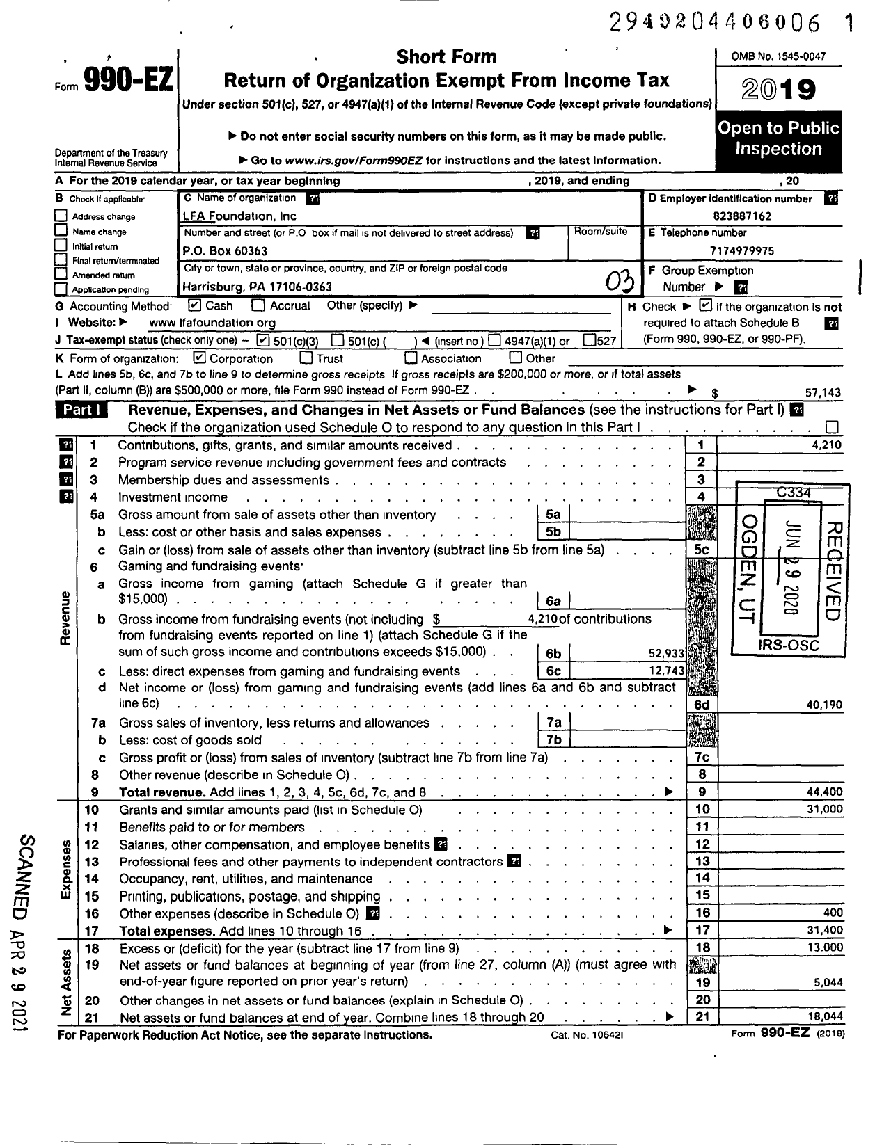 Image of first page of 2019 Form 990EZ for Lfa Foundation