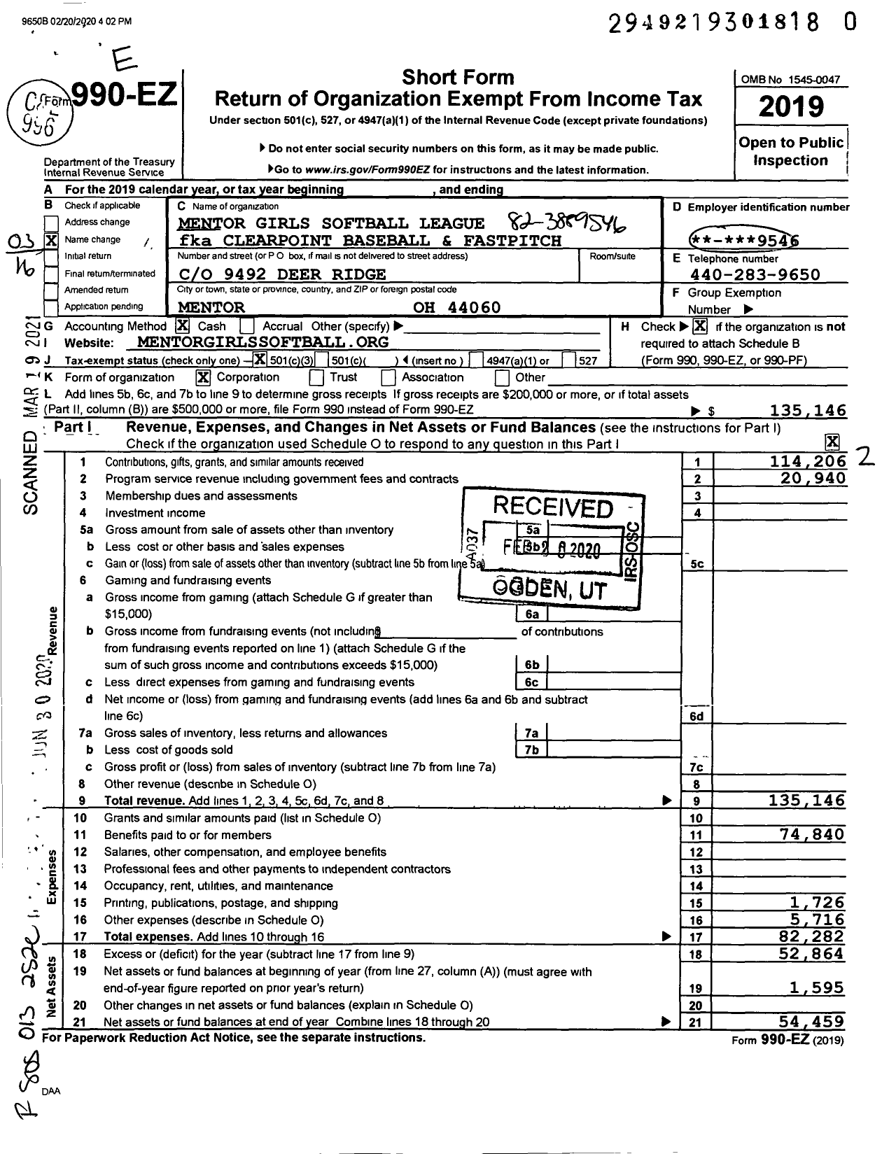 Image of first page of 2019 Form 990EZ for Mentor Girls Softball League