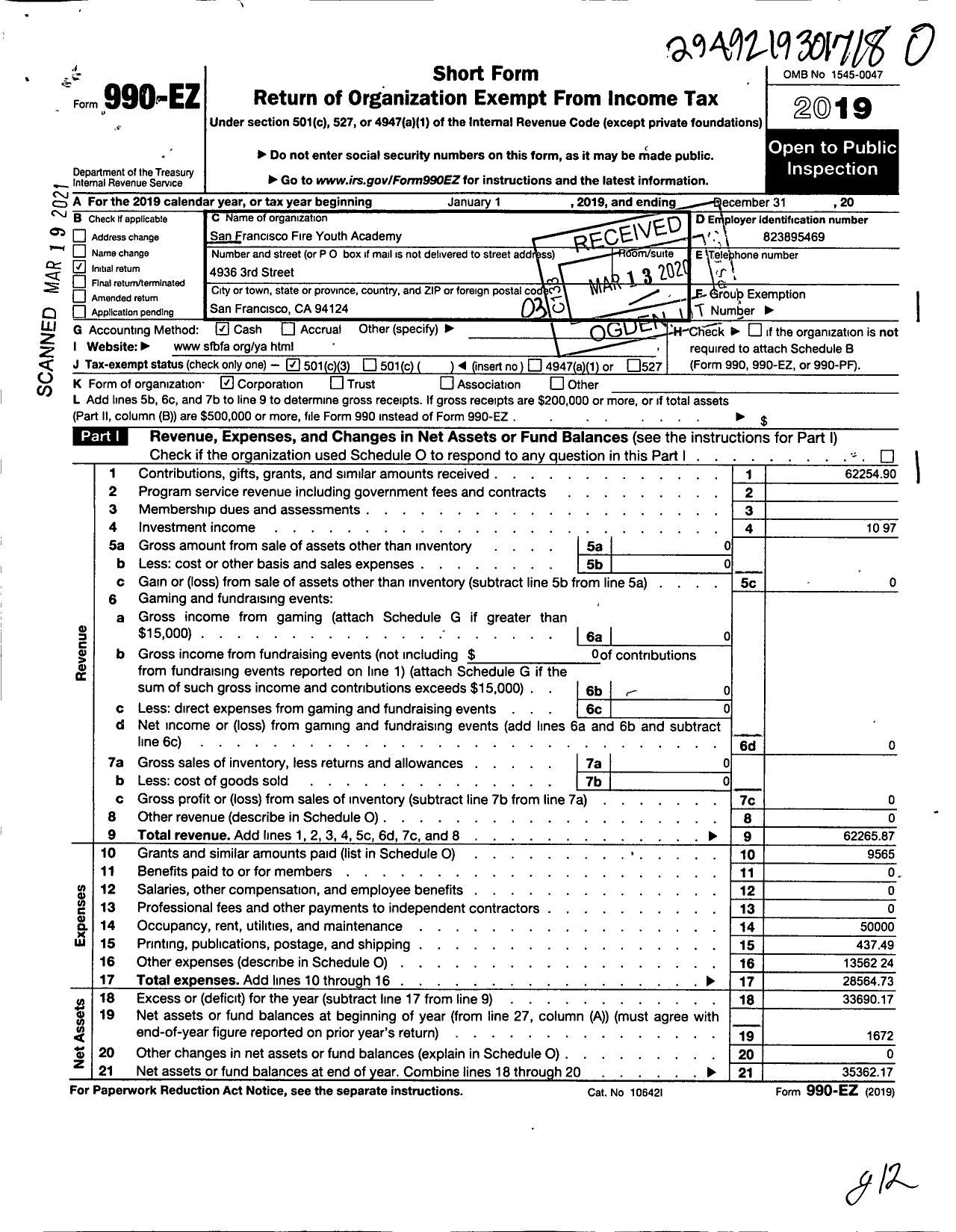 Image of first page of 2019 Form 990EZ for San Francisco Fire Youth Academy