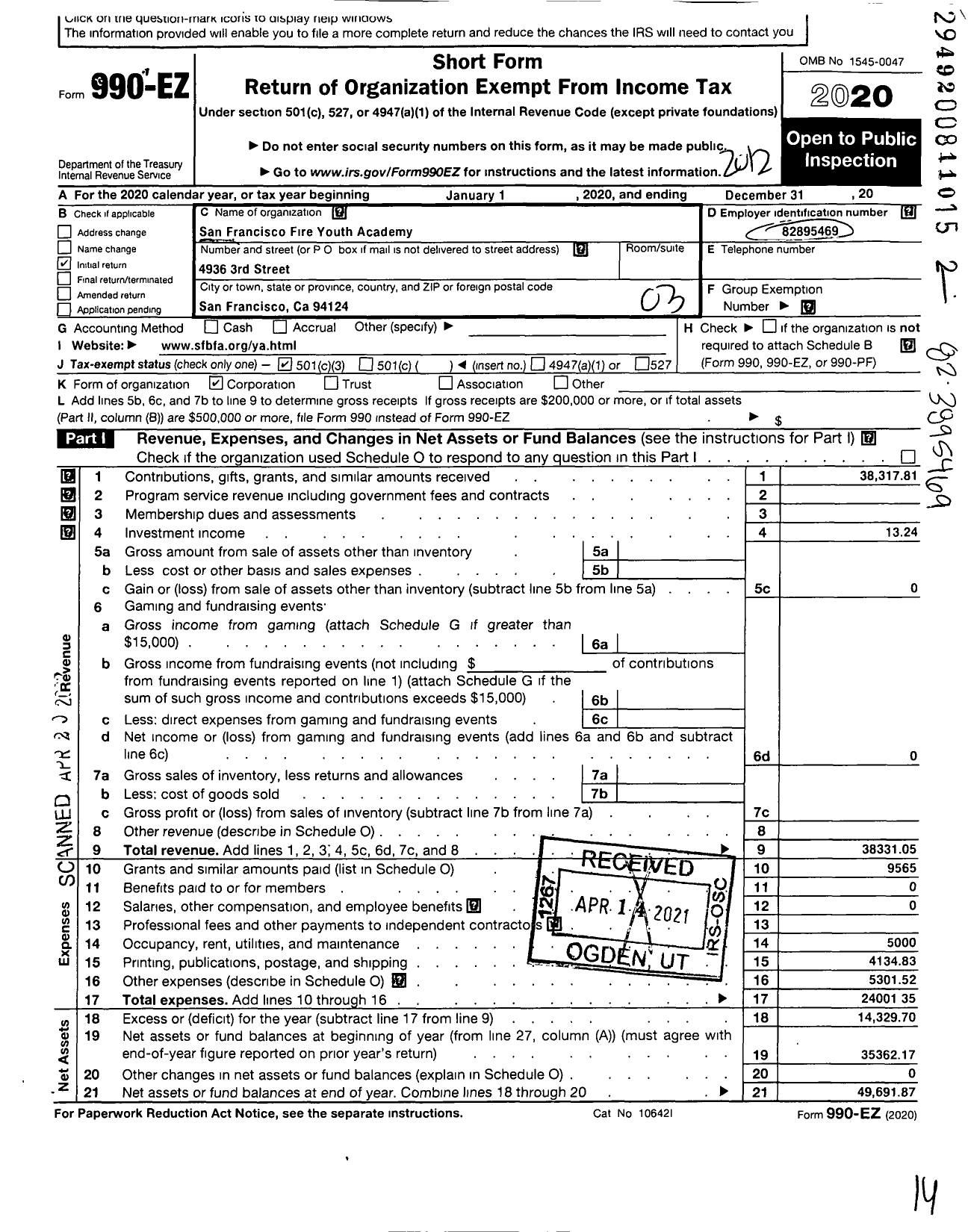 Image of first page of 2020 Form 990EZ for San Francisco Fire Youth Academy