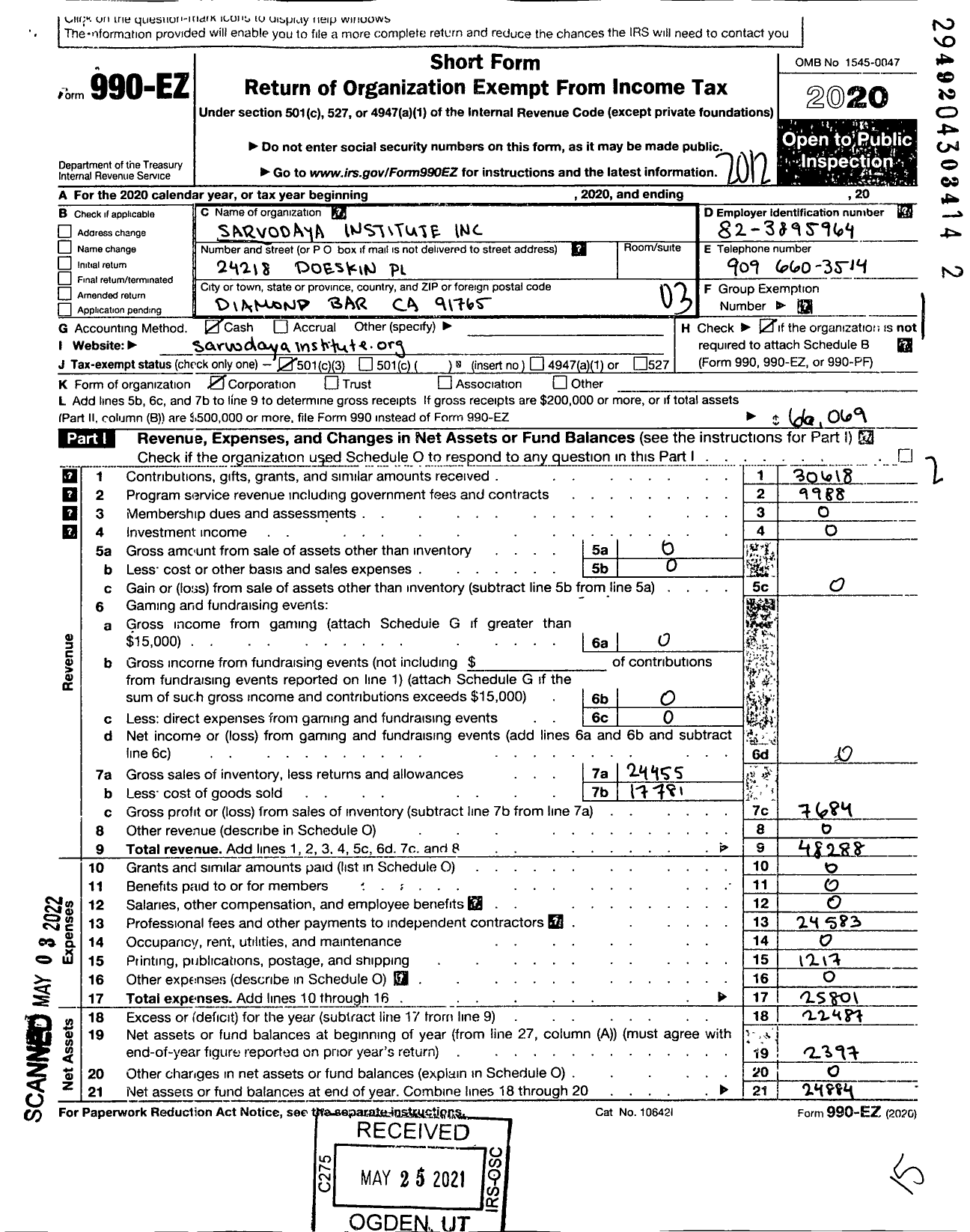 Image of first page of 2020 Form 990EZ for Sarvodaya Institute