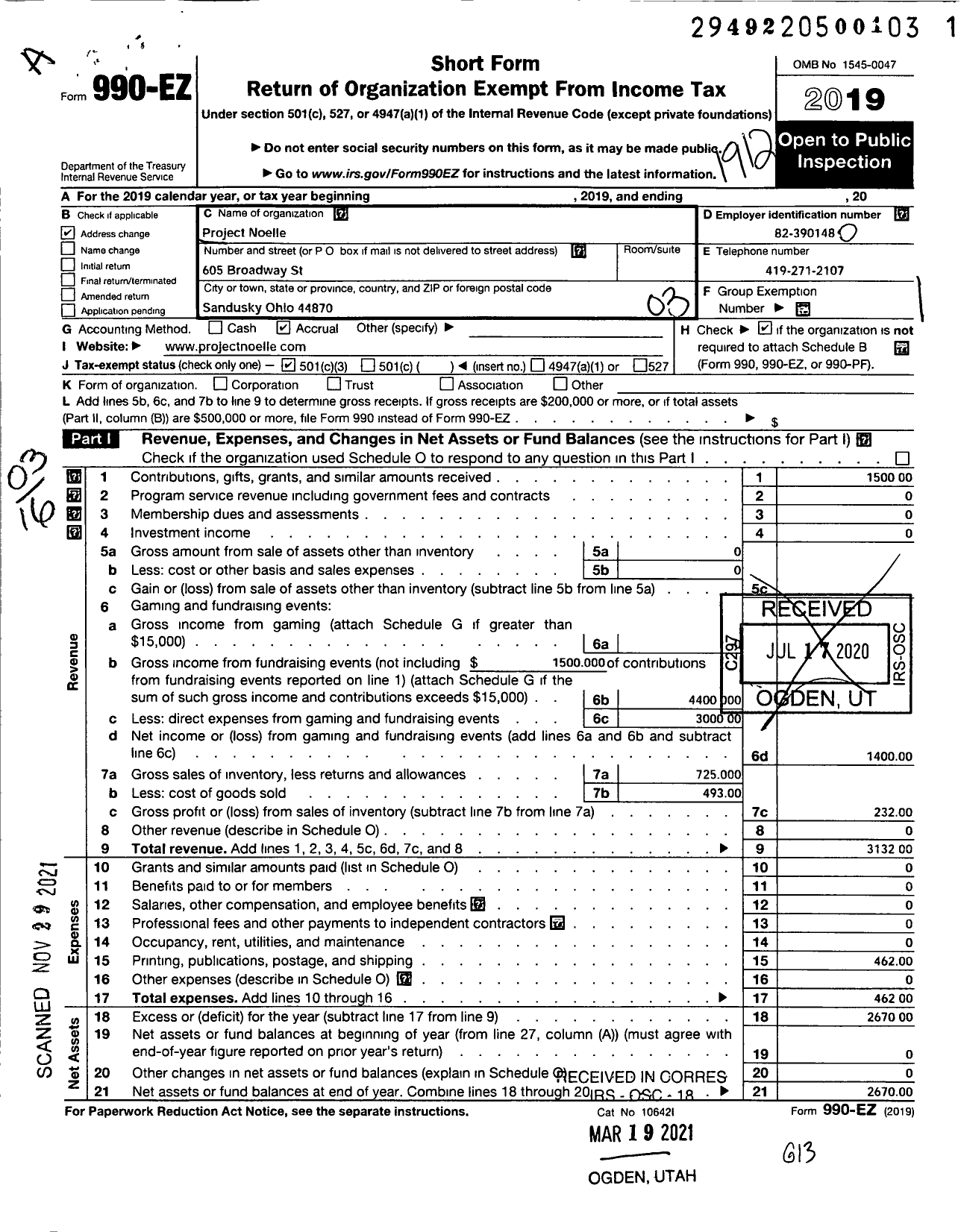 Image of first page of 2019 Form 990EZ for Project Noelle