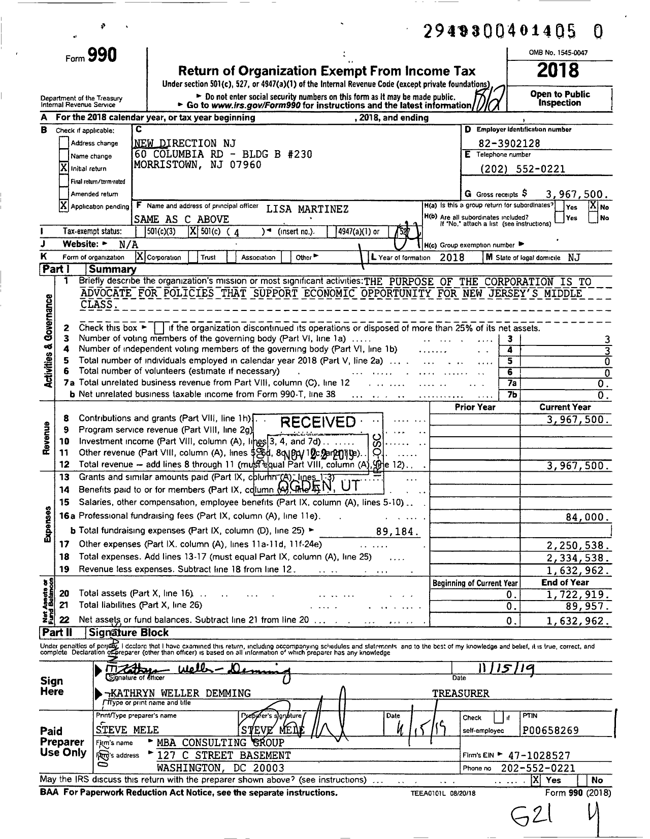 Image of first page of 2018 Form 990O for New Direction NJ