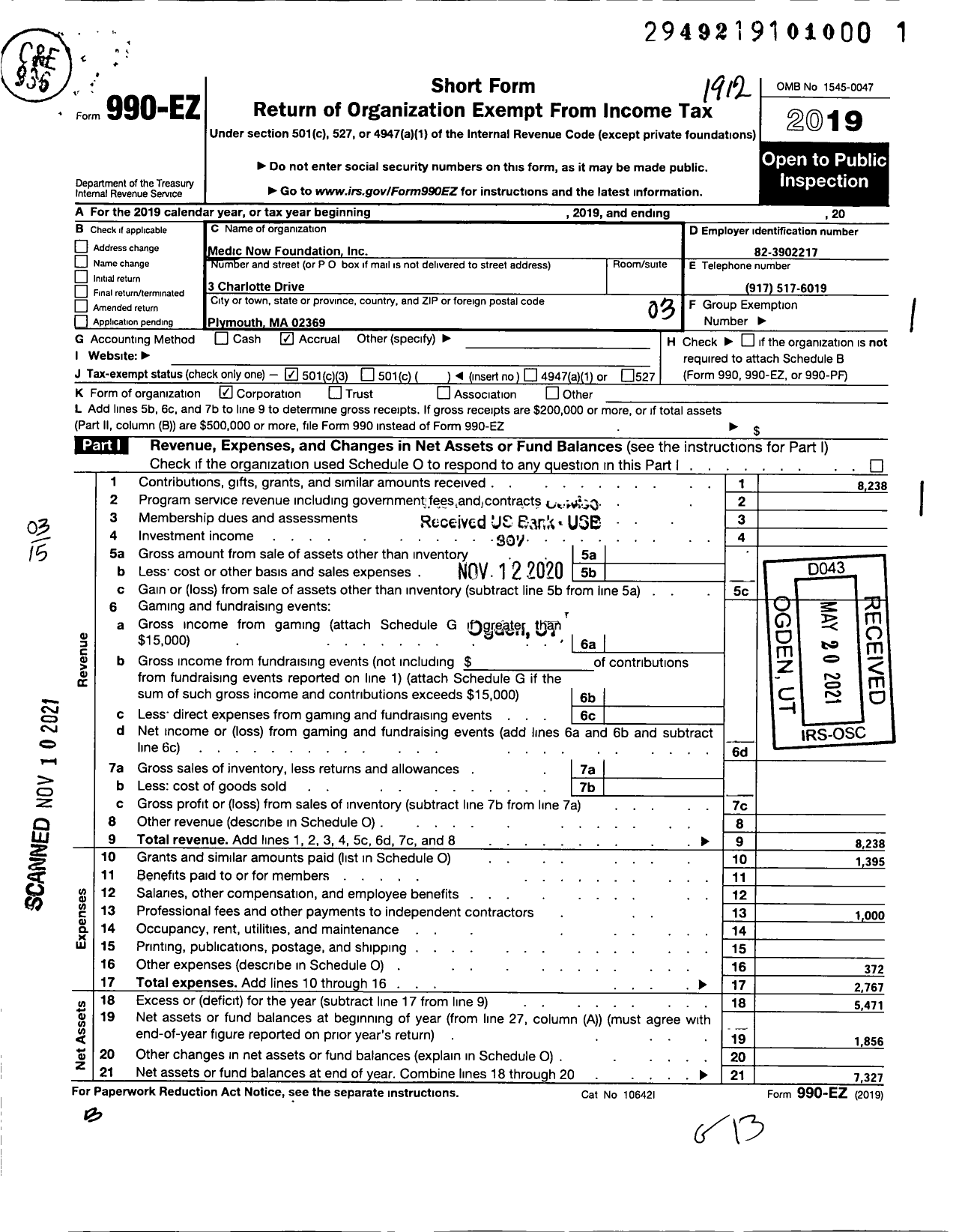 Image of first page of 2019 Form 990EZ for Medic Now Foundation