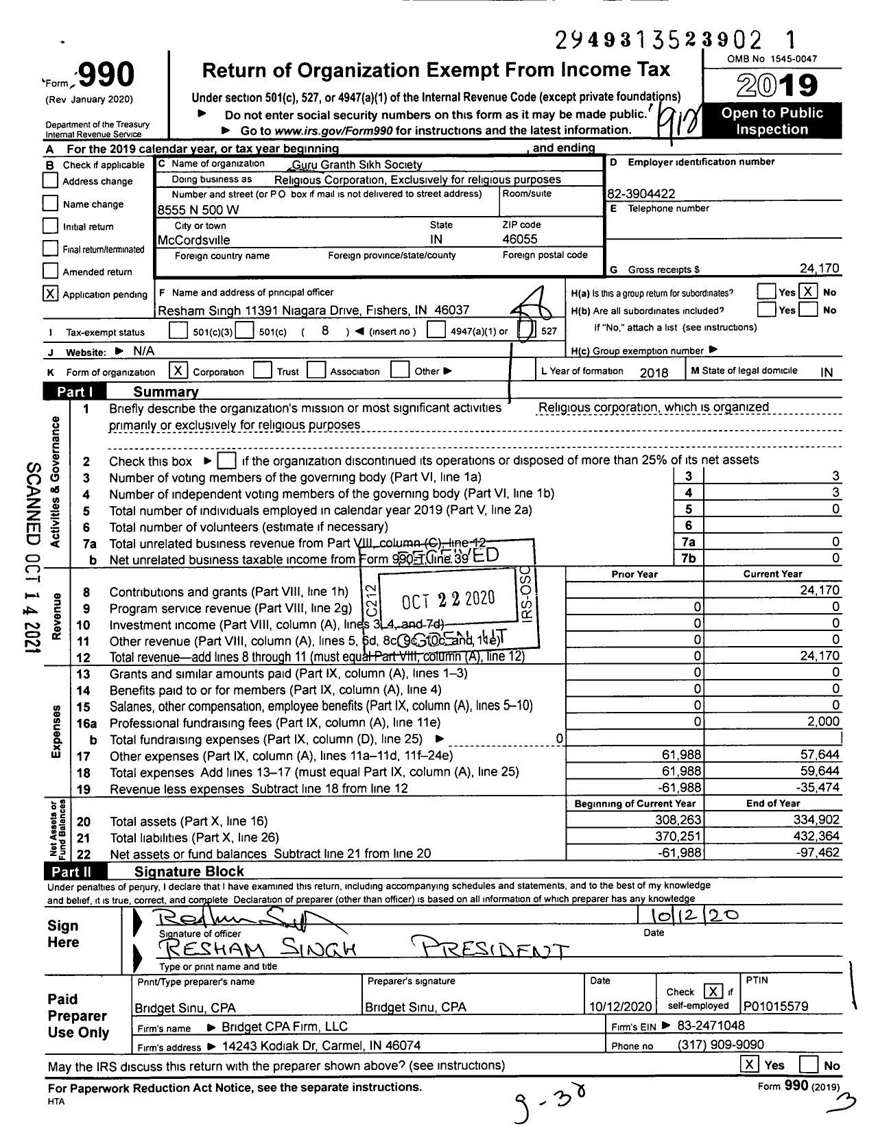 Image of first page of 2019 Form 990O for Religious Corporation Exclusively for religious purposes